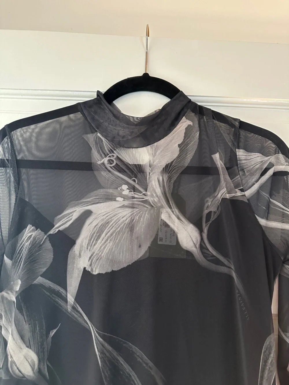 AllSaints Black Sheer Floral-Print Long Sleeve Midi Dress - Picture 2 of 10